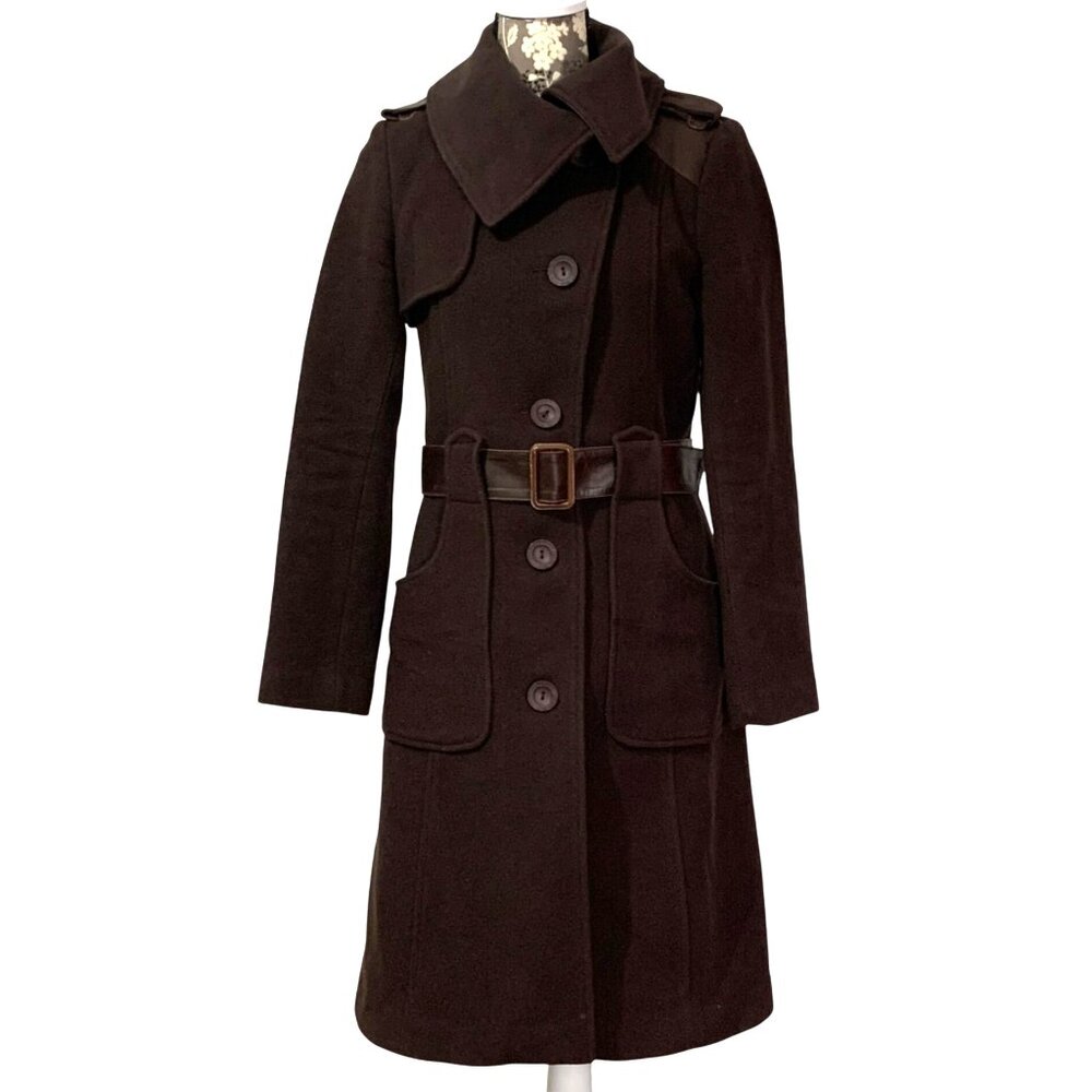 Mackage Wool Utility Military Coat Jacket Leather Trim Belt Pointed Collar SZ PS